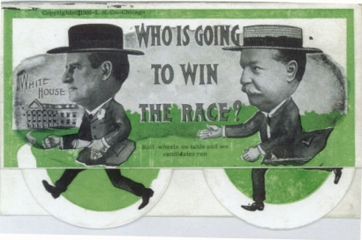 a green and white card with two men in suits and hats